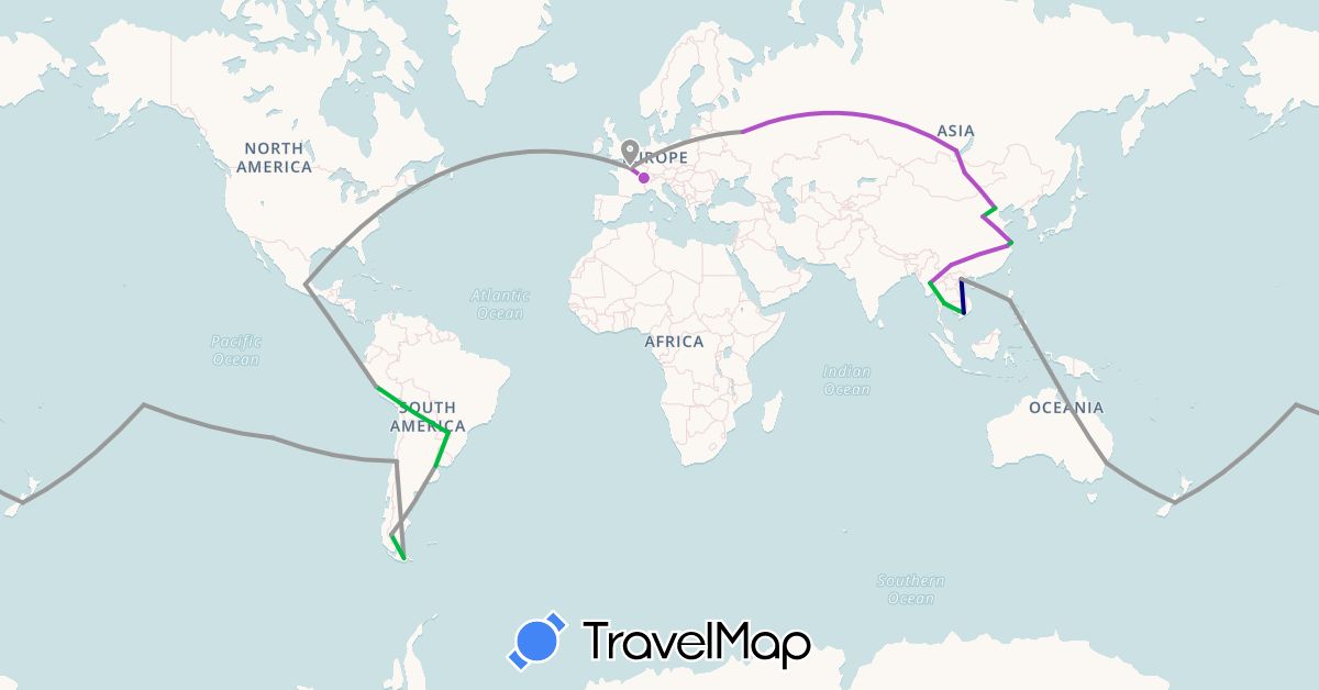TravelMap itinerary: driving, bus, plane, train in Argentina, Australia, Switzerland, Chile, France, Cambodia, Mexico, New Zealand, Peru, French Polynesia, Philippines, Thailand (Asia, Europe, North America, Oceania, South America)